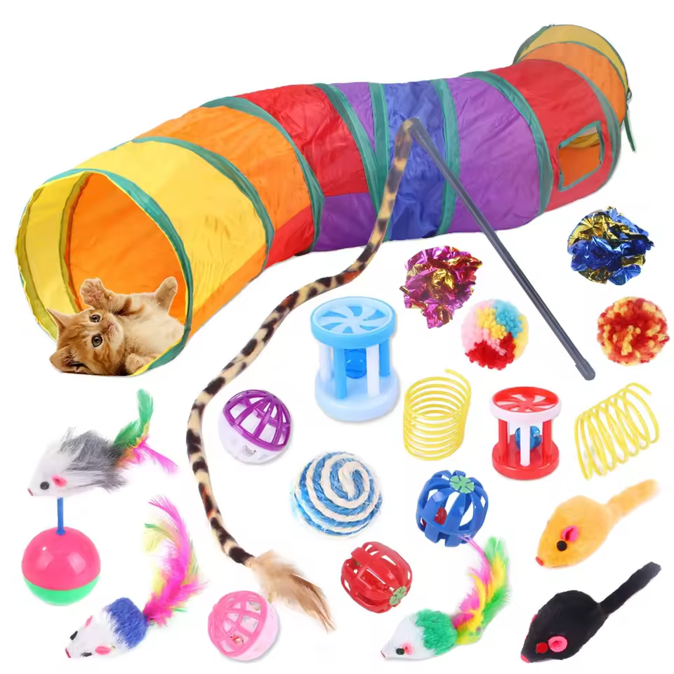 Interactive Cat Toy Set Kitten Toys Pack Tunnel Cat Feather Teaser Wand Toy Fluffy Mouse Crinkle Balls
